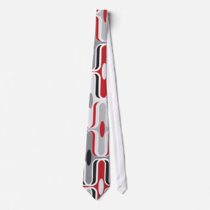 Retro Mod Art Deco Zig Zag Red Black Ogee Pattern Tie