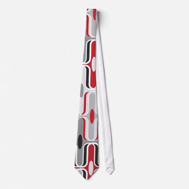 Retro Mod Art Deco Zig Zag Red Black Ogee Pattern Tie (Front)