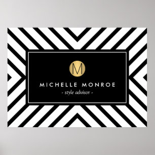 Retro Mod Black and White Pattern Gold Monogram Poster