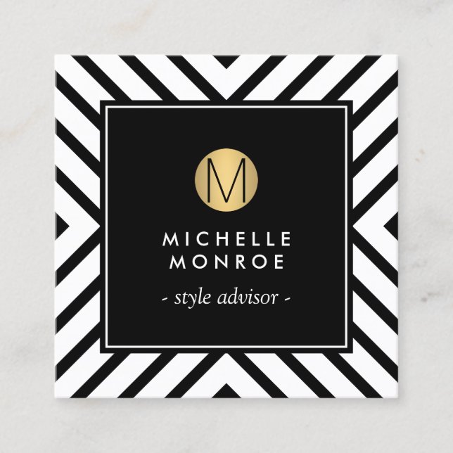 Retro Mod Black/White Pattern Gold Circle Monogram Square Business Card (Front)
