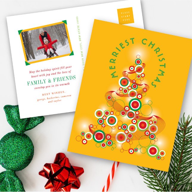 Retro Mod Circles Glowing Abstract Christmas Tree Holiday Postcard (Red & Green Mod Circles Glowing Abstract Christmas Tree Holiday Postcard @ fat_fa_tin)