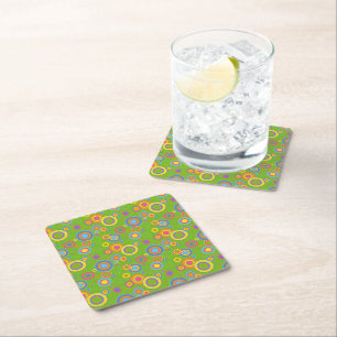 Retro Mod Circles on Green Square Paper Coaster