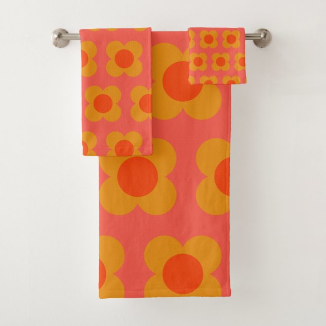 Retro Mod Flower Pattern in Orange Bath Towel Set (Insitu)