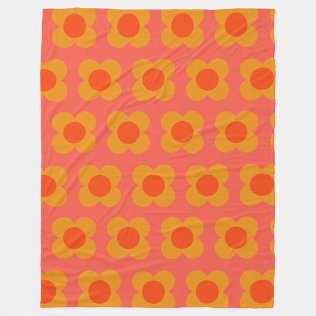 Retro Mod Flower Pattern in Orange Fleece Blanket (Front)