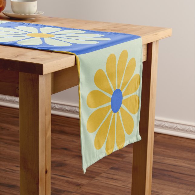 Retro Mod Flowers Pattern in Blue and Yellow Short Table Runner (In Situ)