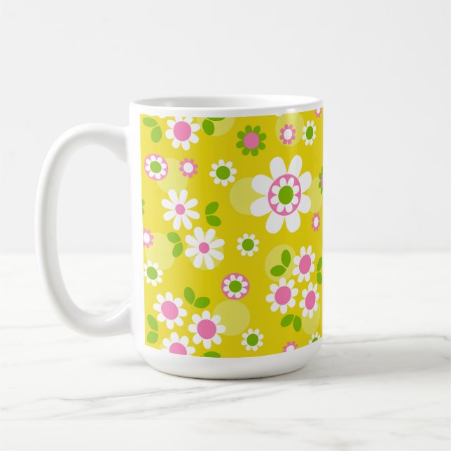 Retro Mod Flowers Yellow & White Coffee Mug (Left)