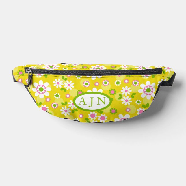 Retro Mod Flowers Yellow & White Monogram  Bum Bags (Lay Down)