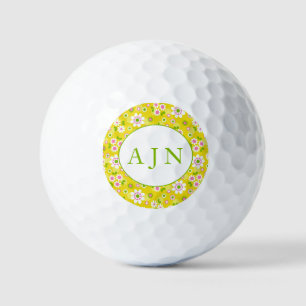 Retro Mod Flowers Yellow & White Monogram Golf Balls