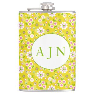 Retro Mod Flowers Yellow & White Monogram Hip Flask
