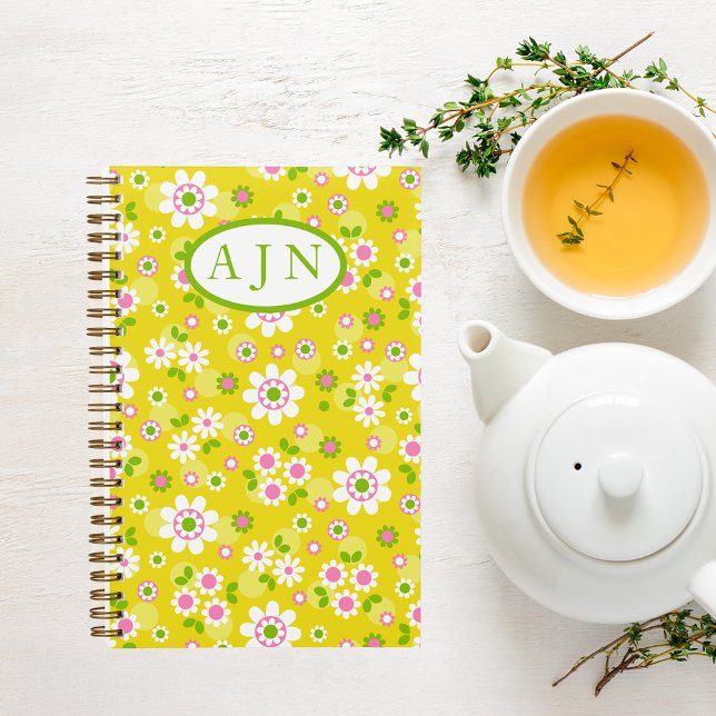 Retro Mod Flowers Yellow & White Monogram  Notebook (Creator Uploaded)