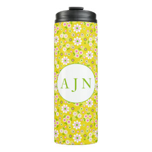 Retro Mod Flowers Yellow & White Monogram Thermal Tumbler
