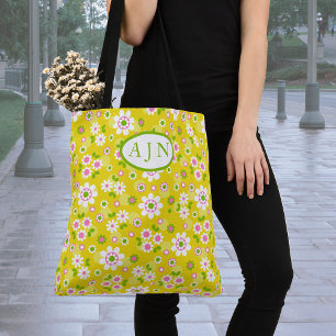 Retro Mod Flowers Yellow & White Monogram Tote Bag