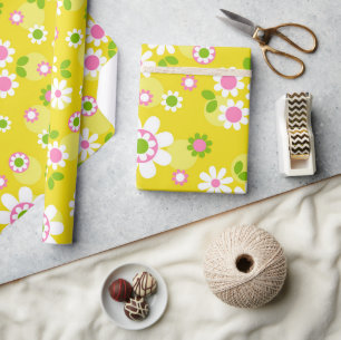 Retro Mod Flowers Yellow & White Wrapping Paper
