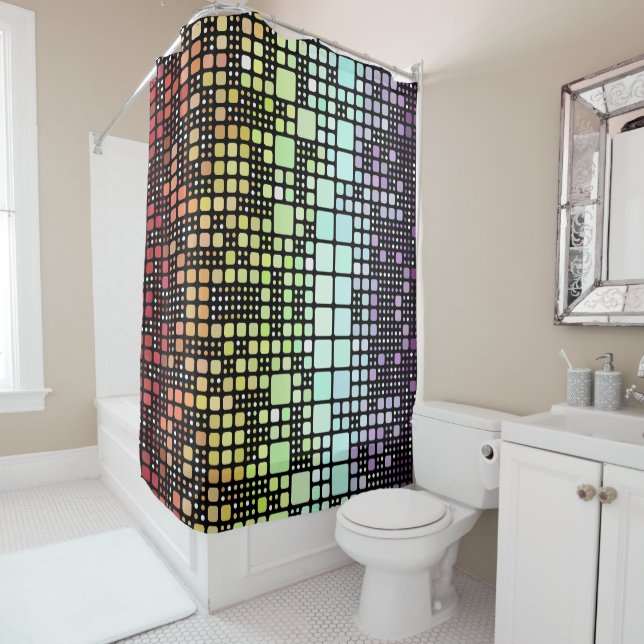 Retro Mod Geometric Groovy Funky Neurogender Pride Shower Curtain (In Situ)
