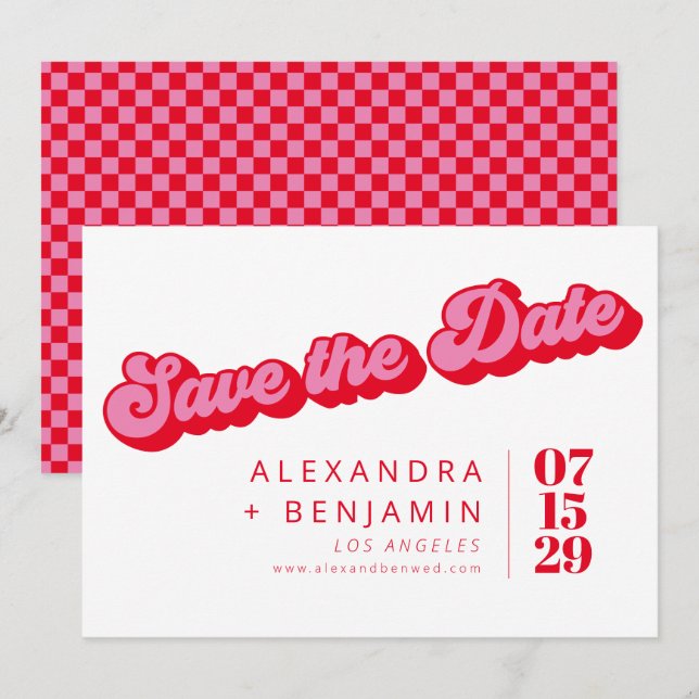 Retro Mod Groovy Bold Pink Red Chequerboard Save The Date (Front/Back)