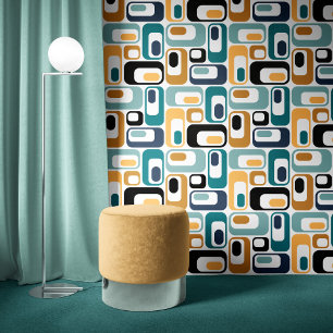 Retro Mod Ovals Mustard Teal Aqua Blue White Wallpaper