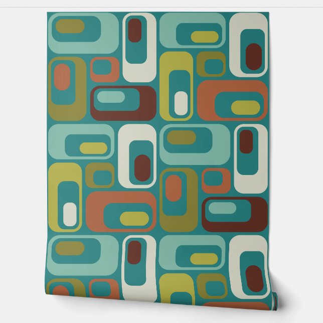 Retro Mod Ovals Pillow Teal Aqua Green Brown Wallpaper (Unrolling)