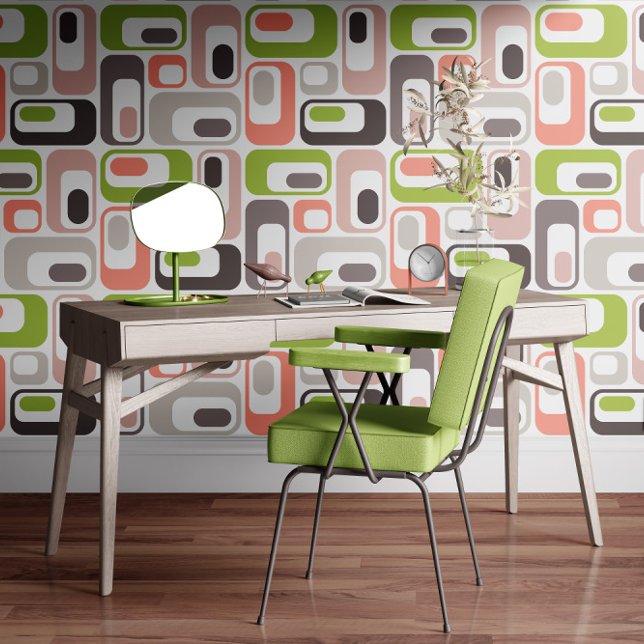 Retro Mod Ovals Salmon Blush Pink Rose Taupe Green Wallpaper (Creator Uploaded)