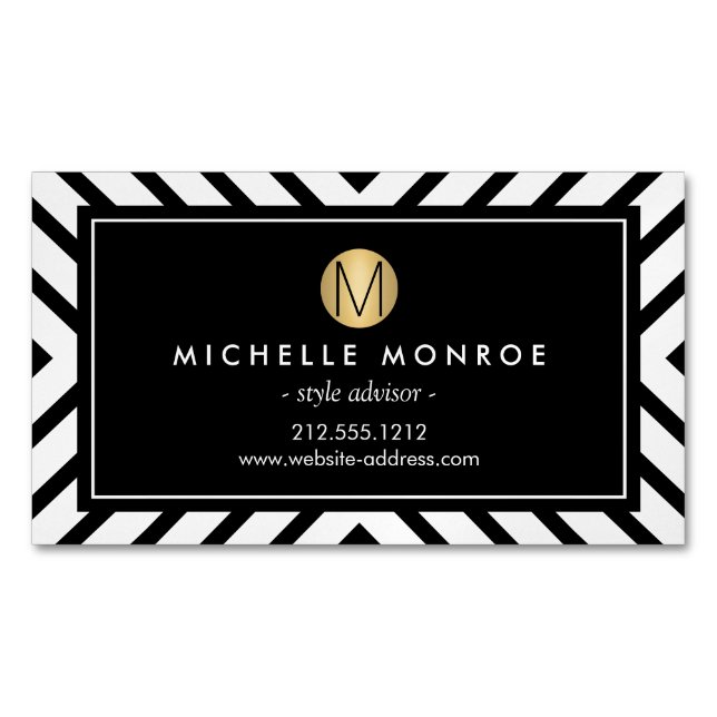 Retro Mod Pattern Gold Monogram Magnetic Business Card (Front)