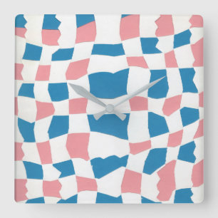 Retro Mod Pink Blue Checkerboard Abstract Square Wall Clock