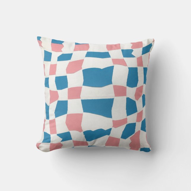 Retro Mod Pink Blue Chequerboard Abstract Cushion (Front)
