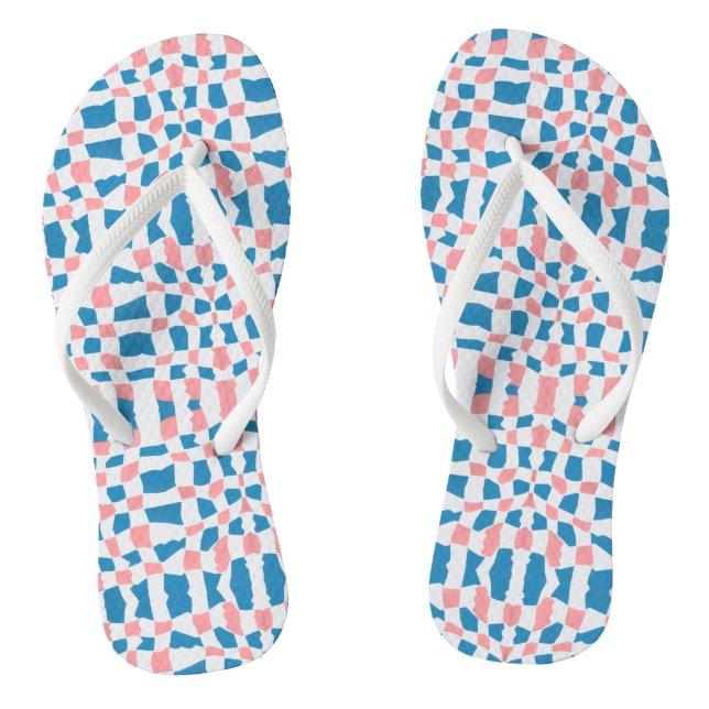 Retro Mod Pink Blue Chequerboard Abstract Jandals (Footbed)