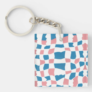 Retro Mod Pink Blue Chequerboard Abstract Key Ring