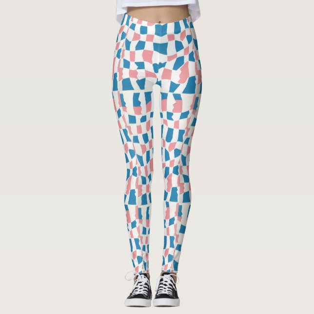 Retro Mod Pink Blue Chequerboard Abstract Leggings (Front)