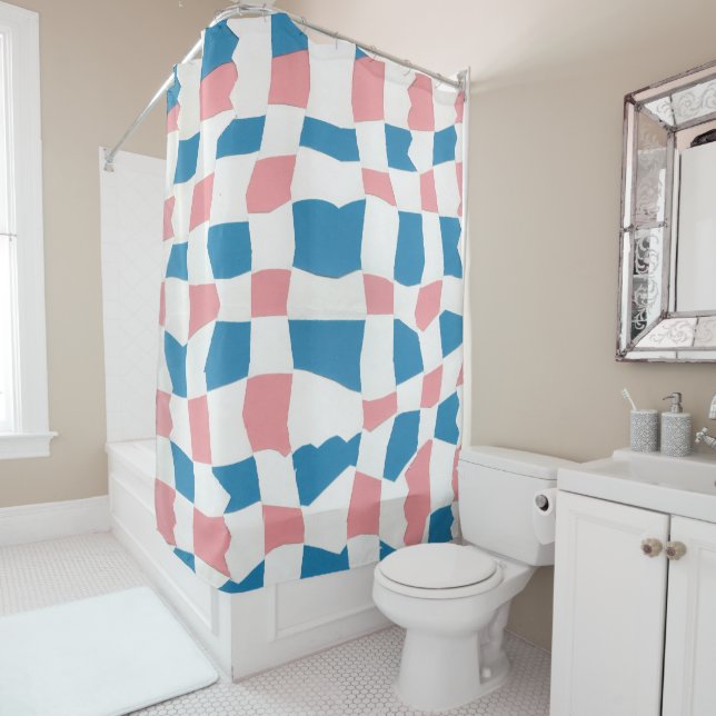 Retro Mod Pink Blue Chequerboard Abstract Shower Curtain (In Situ)