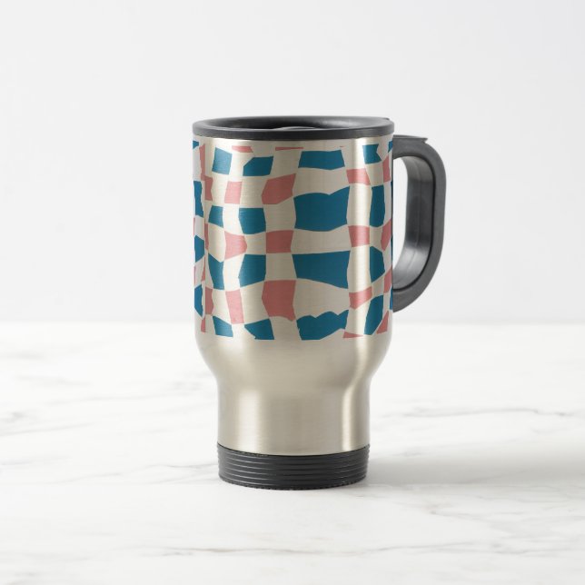 Retro Mod Pink Blue Chequerboard Abstract Travel Mug (Front Right)