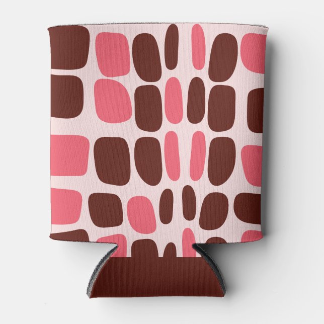 Retro Mod Pink & Chocolate Geometric Beverage Cool Can Cooler (Front)