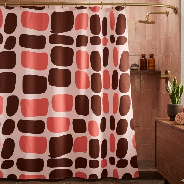 Retro Mod Pink & Chocolate Geometric Shower Curtain (Creator Uploaded)