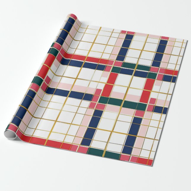 Retro MOD Plaid Red Blue Gold Wrapping Paper (Unrolled)
