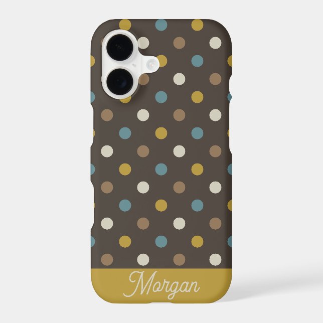 Retro Mod Polka Dots Blue Brown Name Personalized (Back)