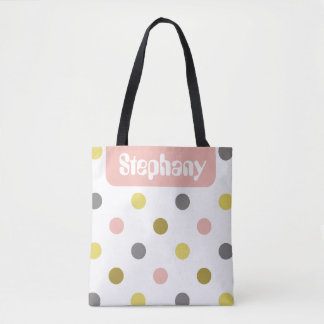 Retro Mod Polka Dots Pink Yellow Name Personalized Tote Bag