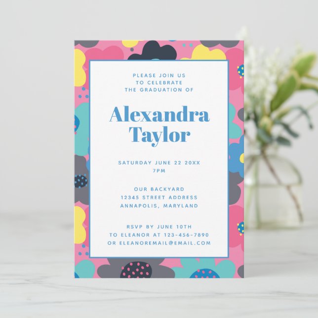 Retro Mod Pop Flowers Graduation Party Invitation (Standing Front)
