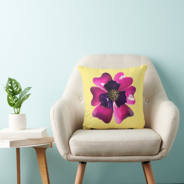 Retro MOD Purple Pansy Flower on Butter Yellow Cushion (Chair)