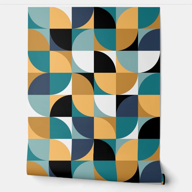 Retro Mod Squares Mustard Teal Aqua Blue Black Wallpaper (Unrolling)