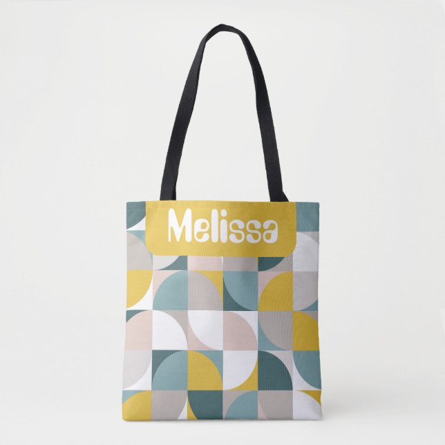 Retro Mod Squares Pink Blue Name Personalized Tote Bag (Front)