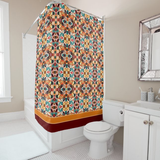 Retro Modern Abstract Squares Collection Shower Curtain (In Situ)