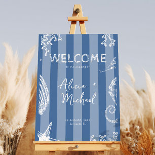 Retro modern beach striped wedding welcome sign