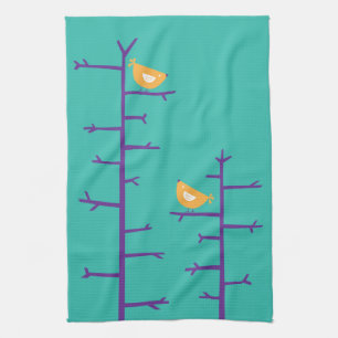 Retro Modern Birds on Tree Branches Tea Towel