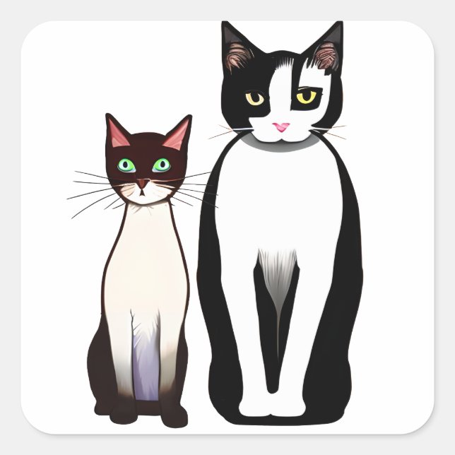 Retro Modern Black and White Cat and Kitten Square Sticker (Front)
