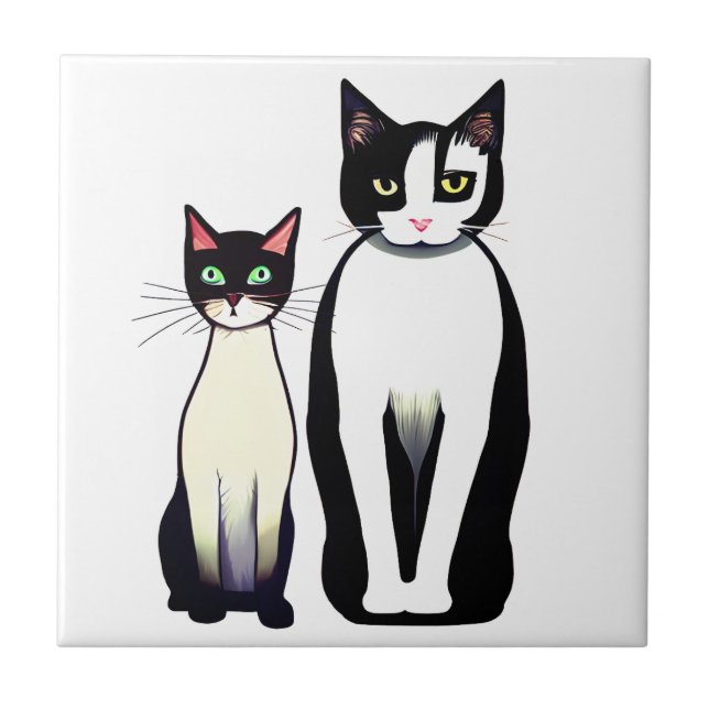 Retro Modern Black and White Cat and Kitten Tile (Front)