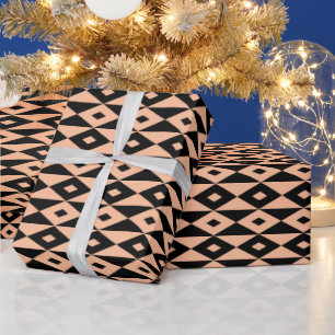 Retro Modern Black Peach Diamond Shape Pattern Wrapping Paper