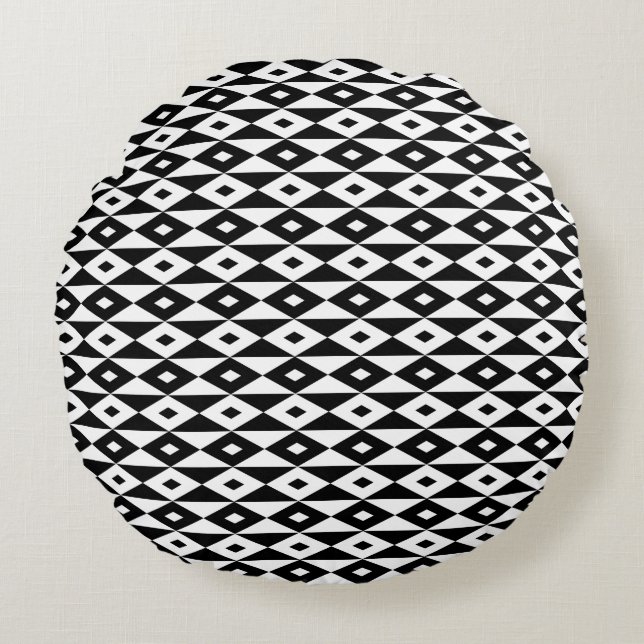 Retro Modern Black White Diamond Shape Pattern Round Cushion (Front)