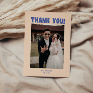Retro Modern Blue & Beige Wedding Photo Thank You Card