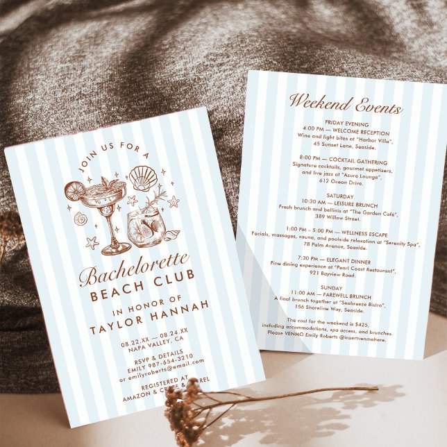 Retro Modern Blue & Brown Bachelorette Weekend Invitation (Creator Uploaded)