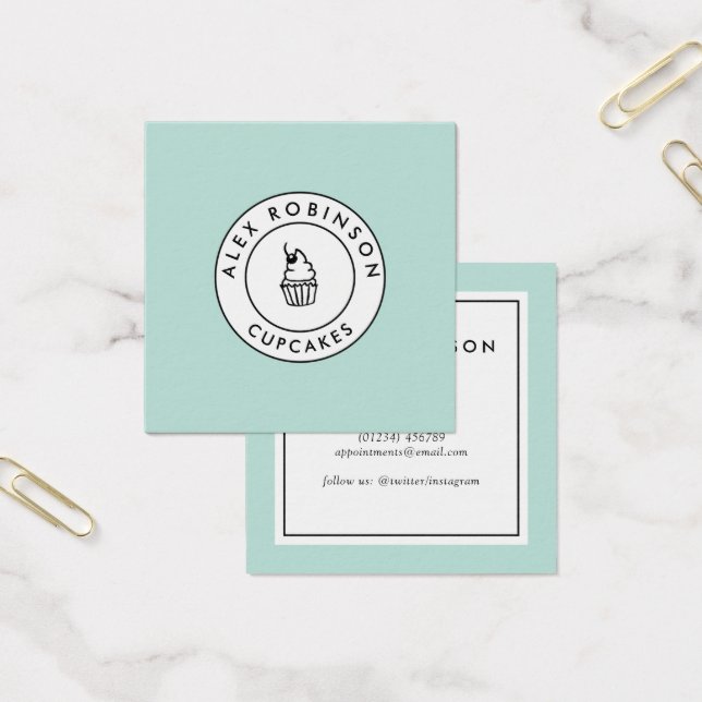 Retro modern blue cupcakes square business card (Office)