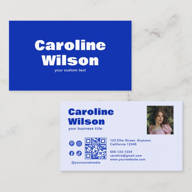 Retro Modern Blue Professional Photo QR Code Business Card (Front/Back)